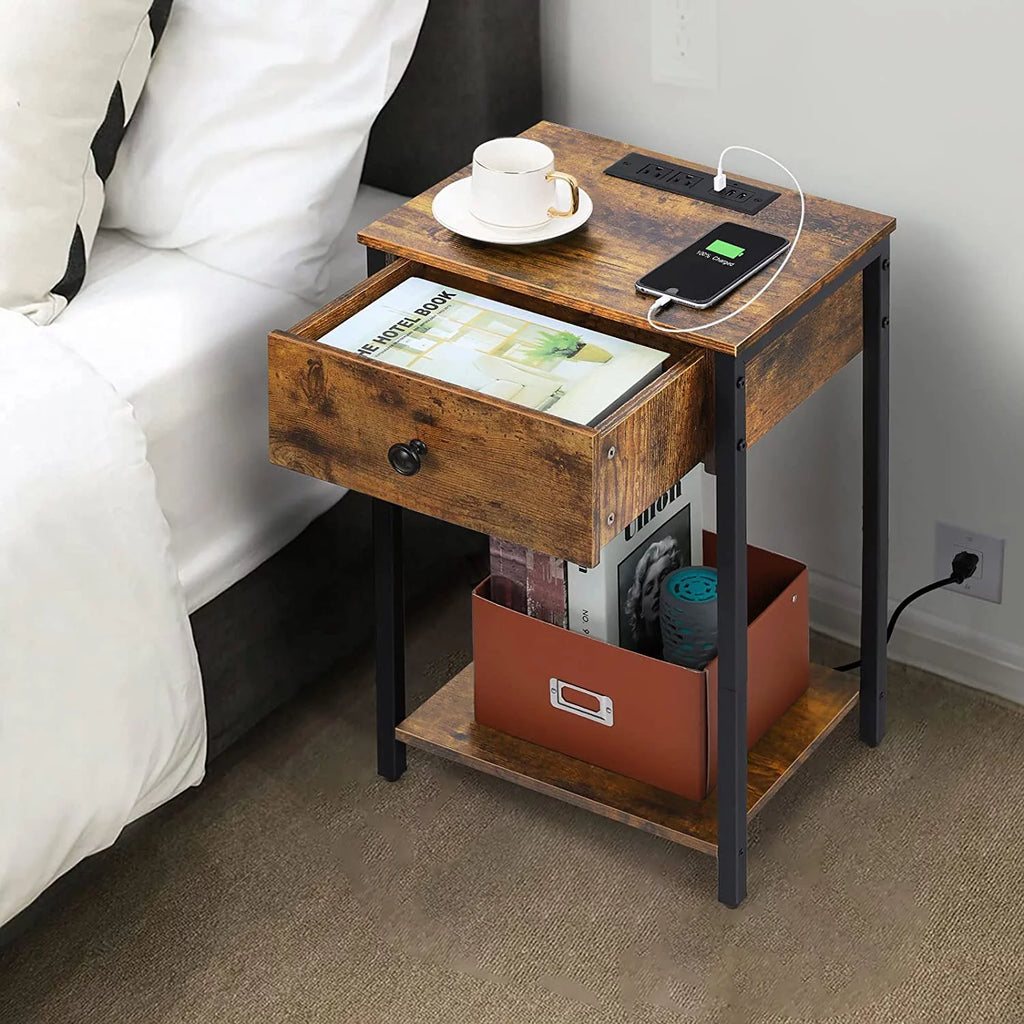 Rustic Brown Nightstand End Table with Charging Station G5725