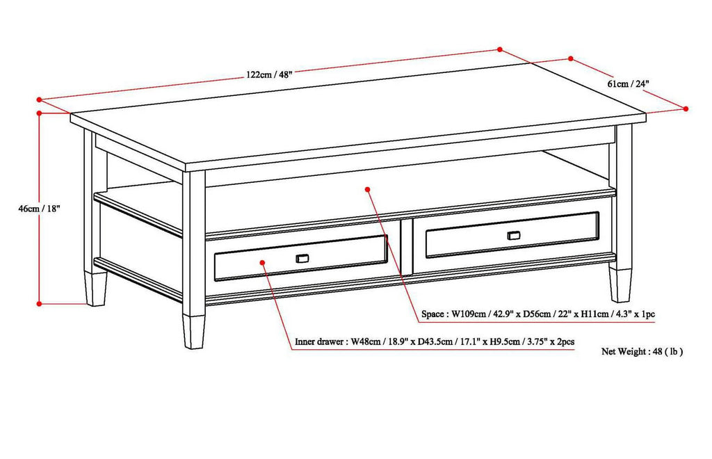 Solid Wood 48 inch Wide Rectangle Coffee Table A907