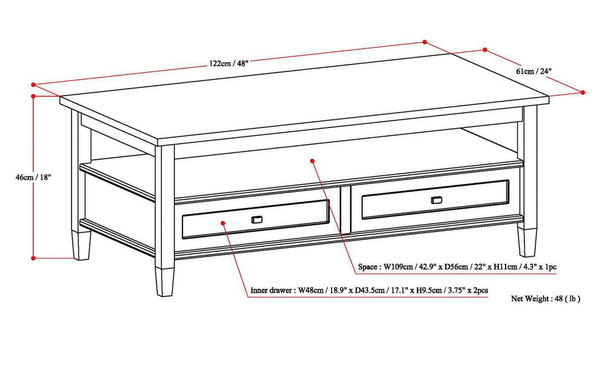 Solid Wood 48 inch Wide Rectangle Coffee Table A907