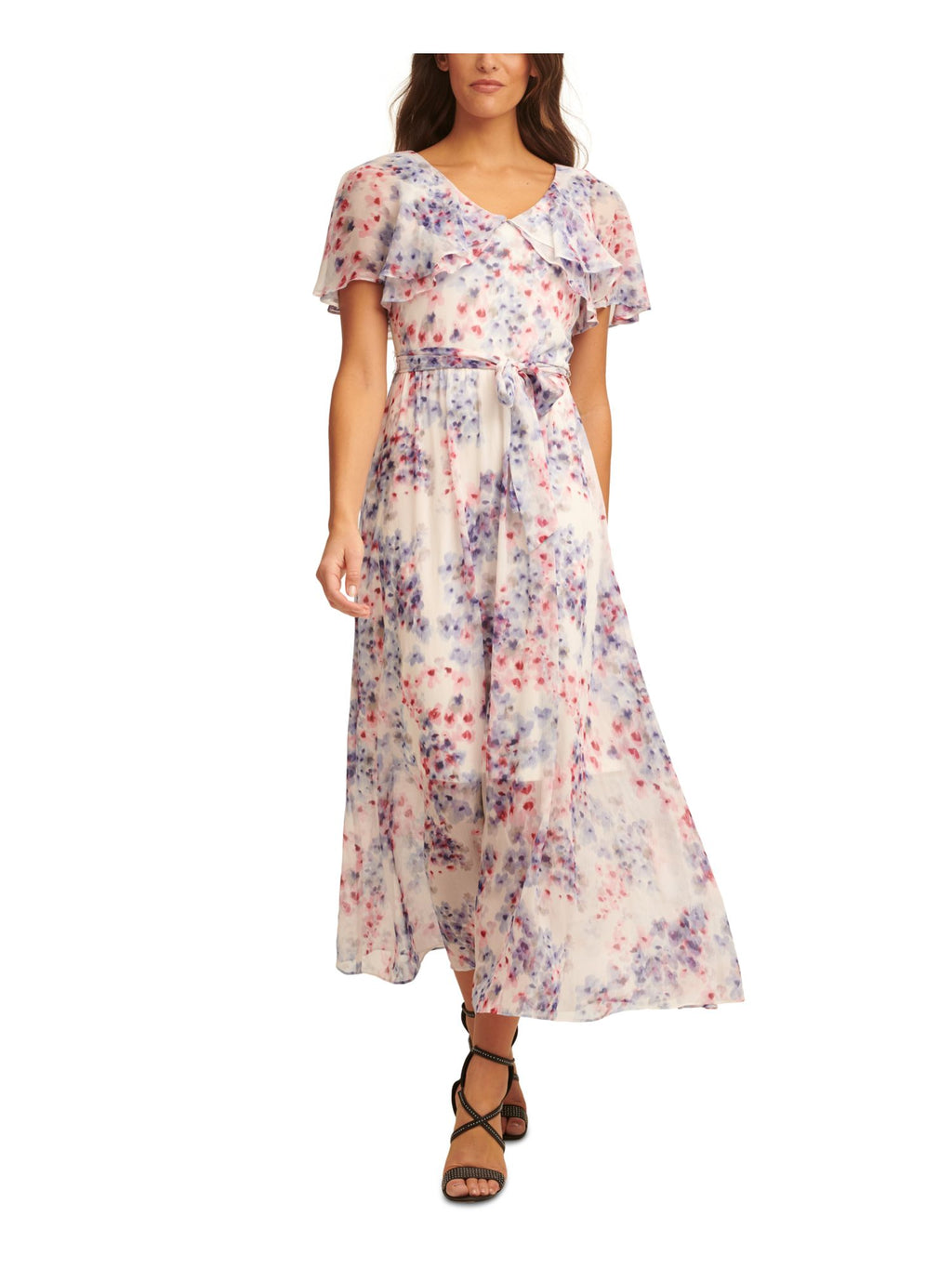 Ivory Floral Flutter Sleeve V Neck Maxi Dress U775090