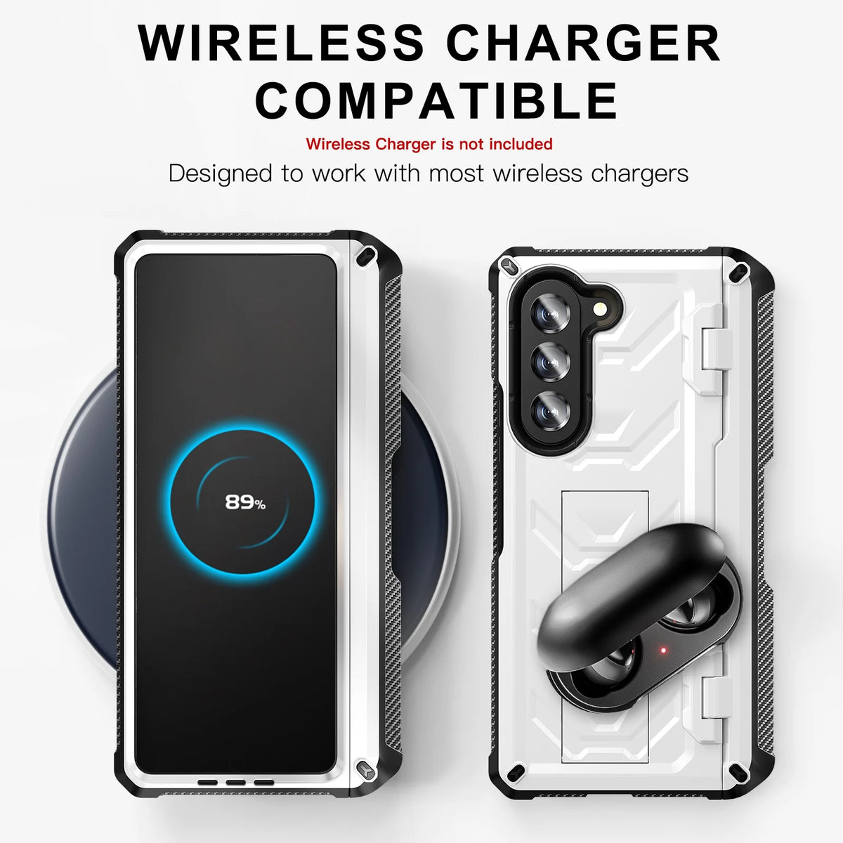 White Rugged Full Body Case with Built-in Glass Screen Protector Hinge Protection Hidden Kickstand Pen Slot Shockproof Armor Case U6242