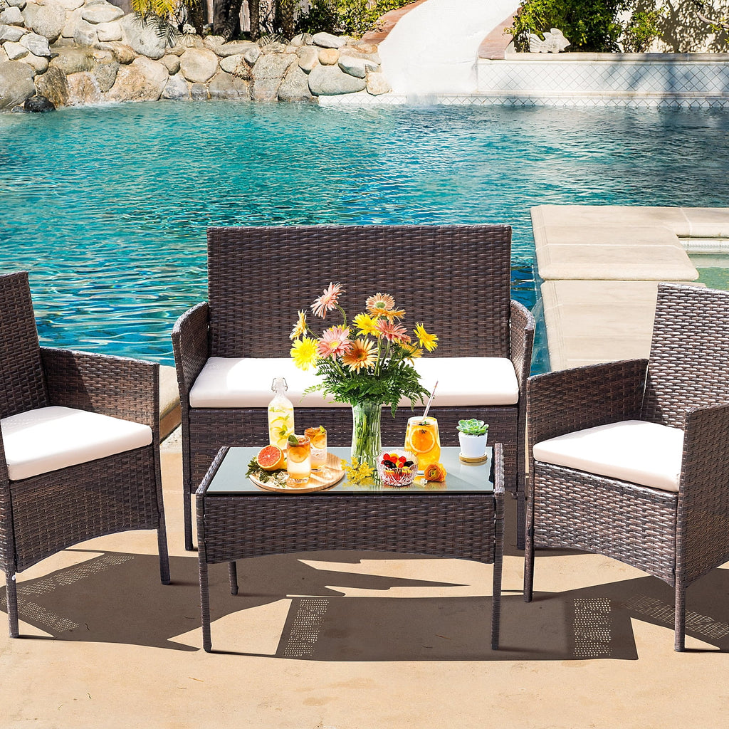Brown PE Rattan Wicker 4 Pieces Patio Furniture Set with Cushion V5482