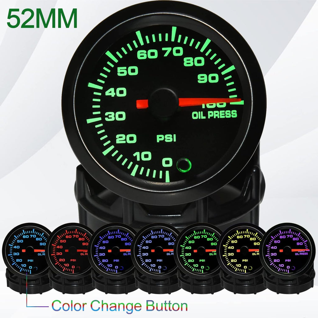 7 Color 100 PSI Oil Pressure Gauge Kit 52mm with Pressure Sensor Pack of 2 H4016