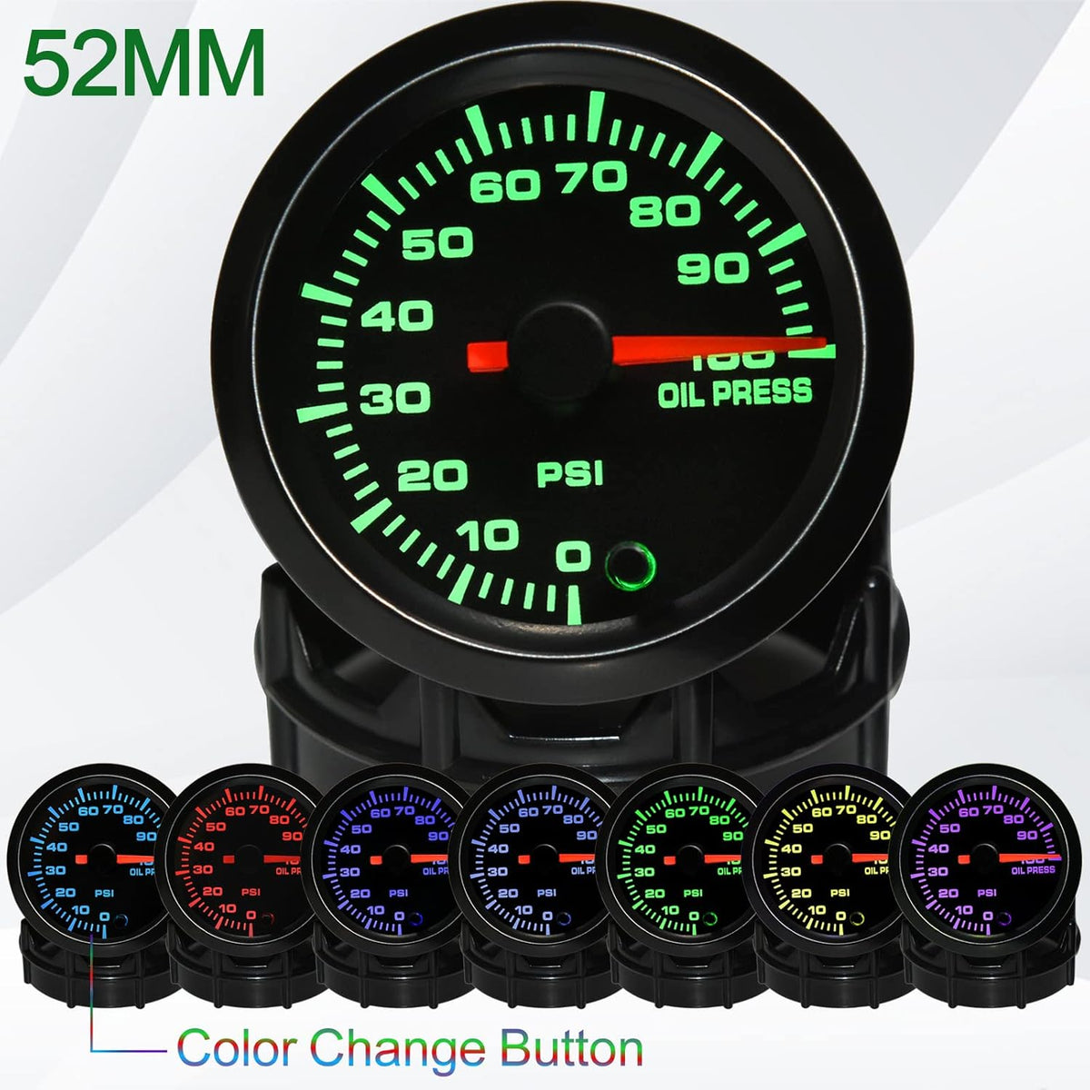 7 Color 100 PSI Oil Pressure Gauge Kit 52mm with Pressure Sensor Pack of 2 H4016
