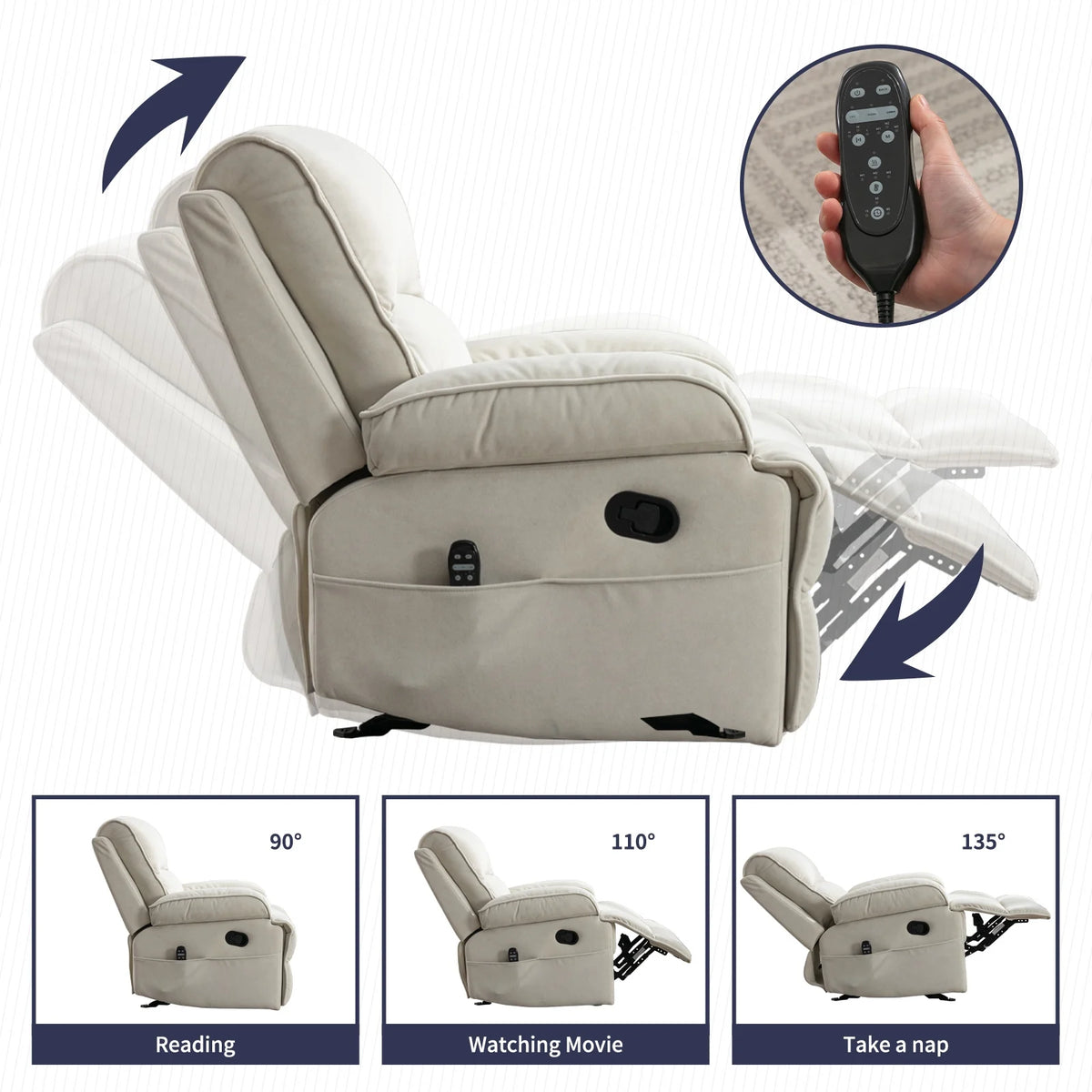 Beige Velour Recliner Chair with Heat Vibration P987