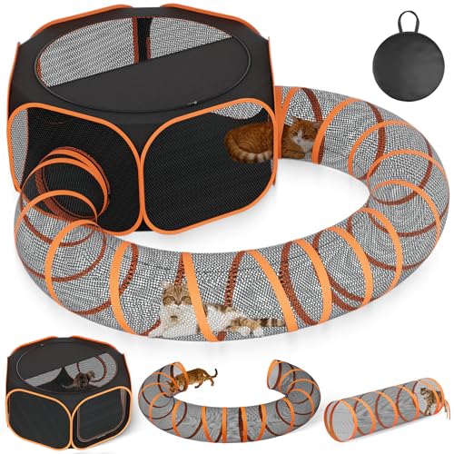 Portable Collapsible Cat Enclosure with Shade Cover 2 Tunnels Q381