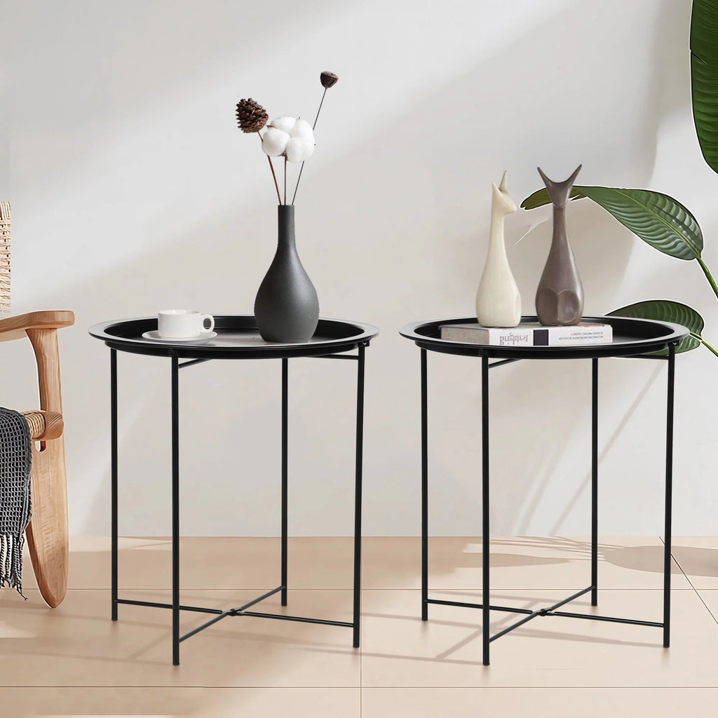 Set of 2 Round Folding Metal Side Table with Removable Tray, Black Z289801