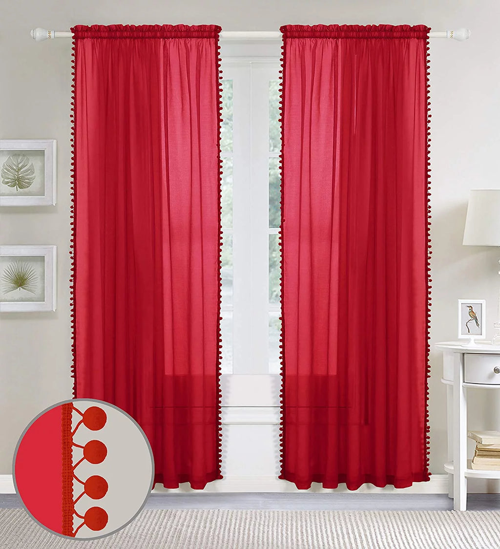 Semi-Sheer Curtains with Pom Pom Tassels 2 Piece Set 60 X 84 Red R824803