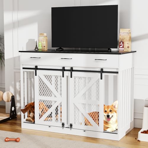 48'' Wooden Dog Crate Furniture with Divider and Storage Drawers W85214