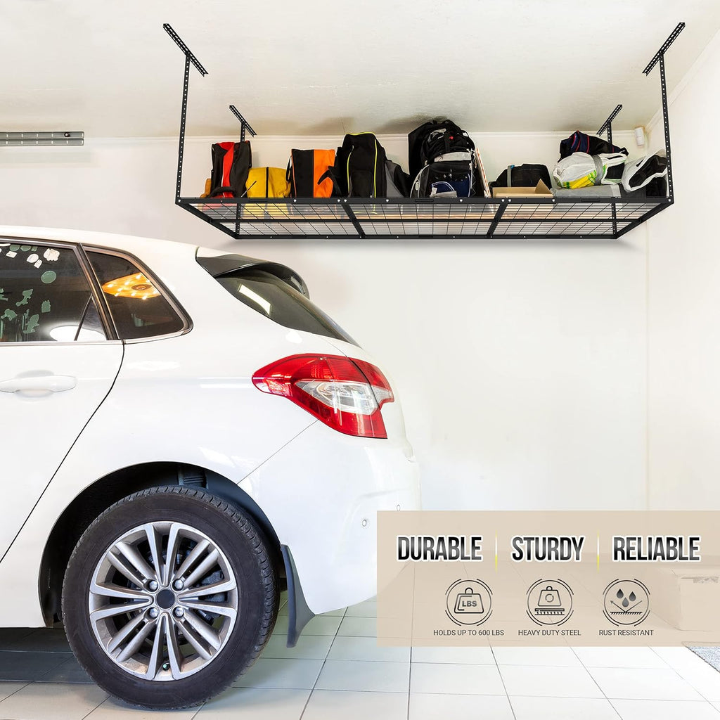 Overhead Garage Shelving Storage Rack, Adjustable 3’ x 6’, Heavy Duty Mounted Storage Shelves with 4 Flat Hooks E88559