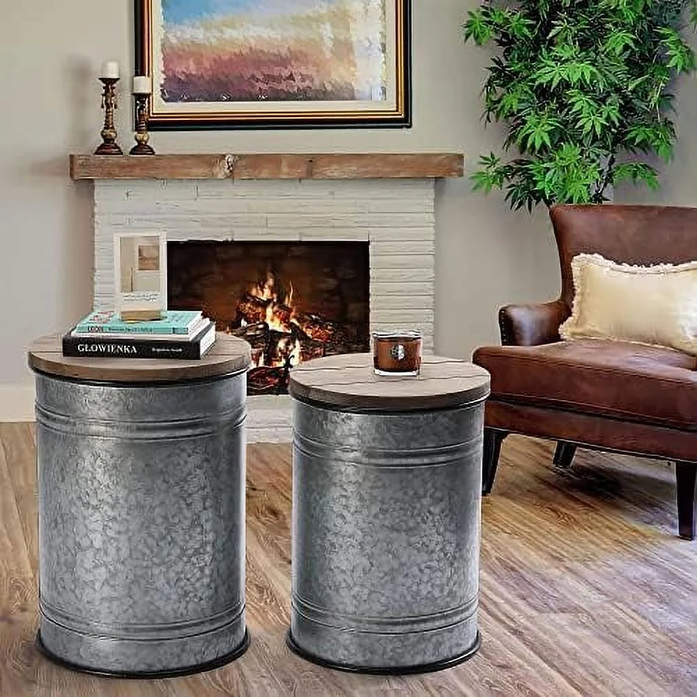 Rustic Ottoman Seat Stool Side Table Set of 2 U79384