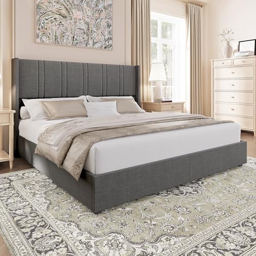 King Size Linen Upholstered Platform Bed Frame with 4 Storage Drawers W389470