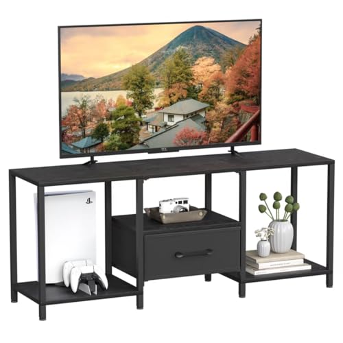 Black TV Stand with Fabric Drawer and Open Shelves D5907