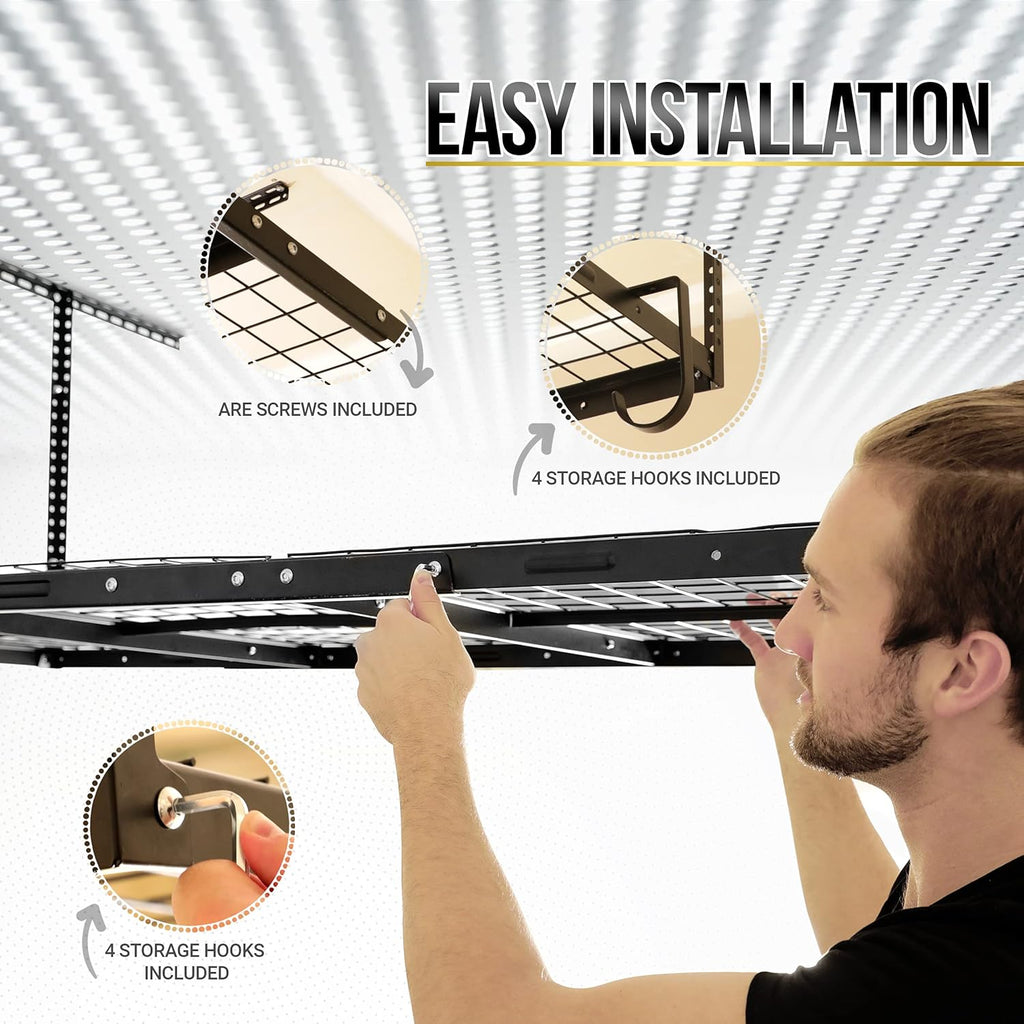 Overhead Garage Shelving Storage Rack, Adjustable 3’ x 6’, Heavy Duty Mounted Storage Shelves with 4 Flat Hooks E88559