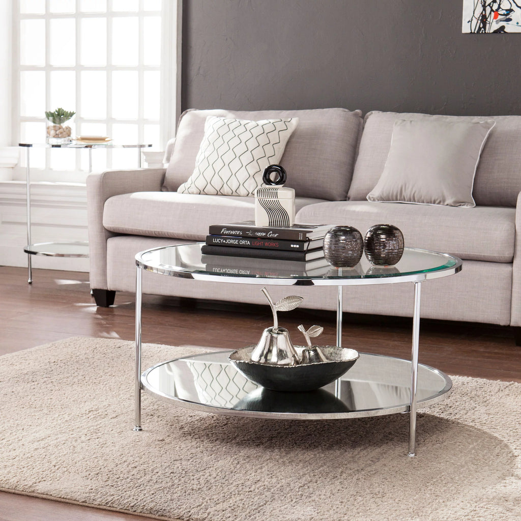 Mirrored Glass Round Coffee Table Set F41680