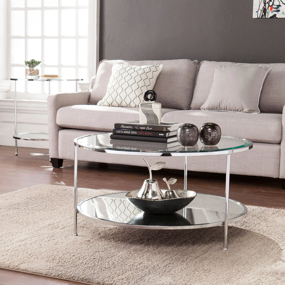 Mirrored Glass Round Coffee Table Set F41680