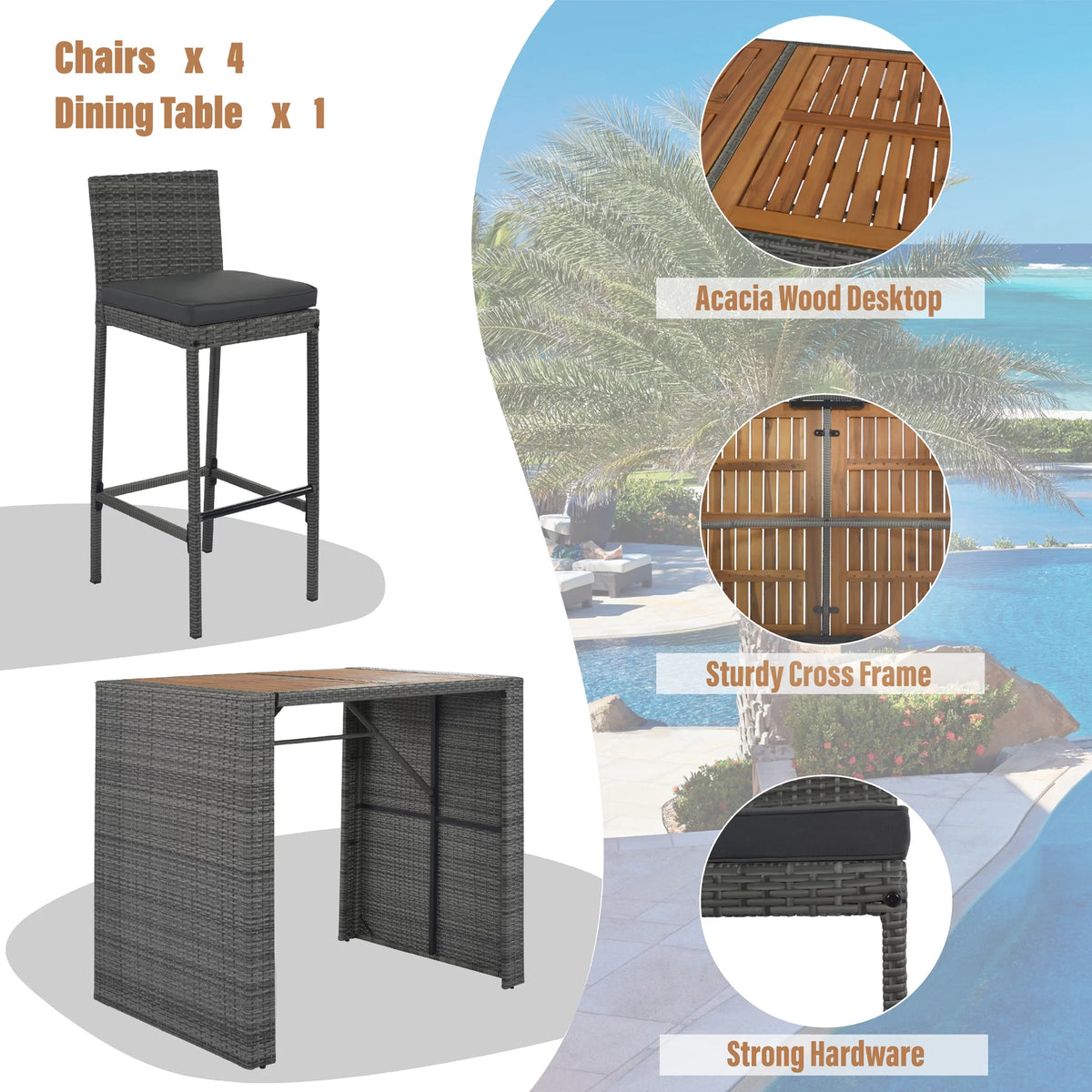 5 Pcs Rattan Patio Dining Table Set E841109