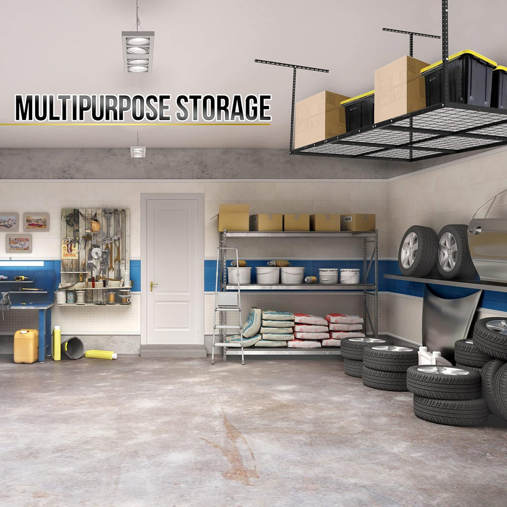 Overhead Garage Shelving Storage Rack, Adjustable 3’ x 6’, Heavy Duty Mounted Storage Shelves with 4 Flat Hooks E88559