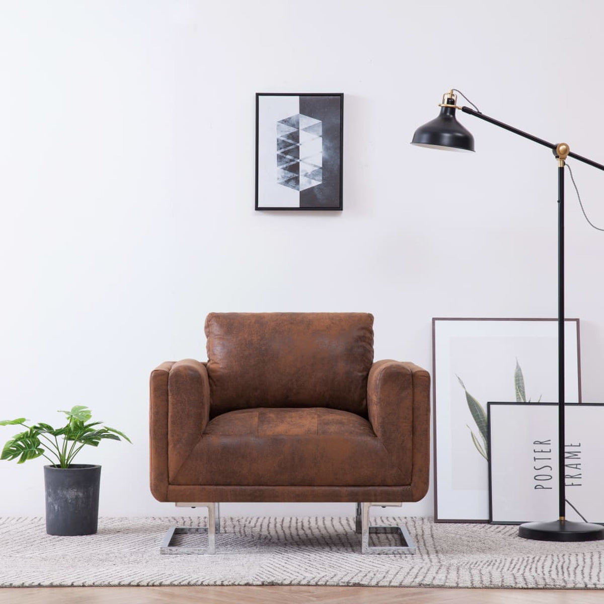 Cube Armchair Faux Suede Leather Upholstery Chair with Chrome Feet Brown G959