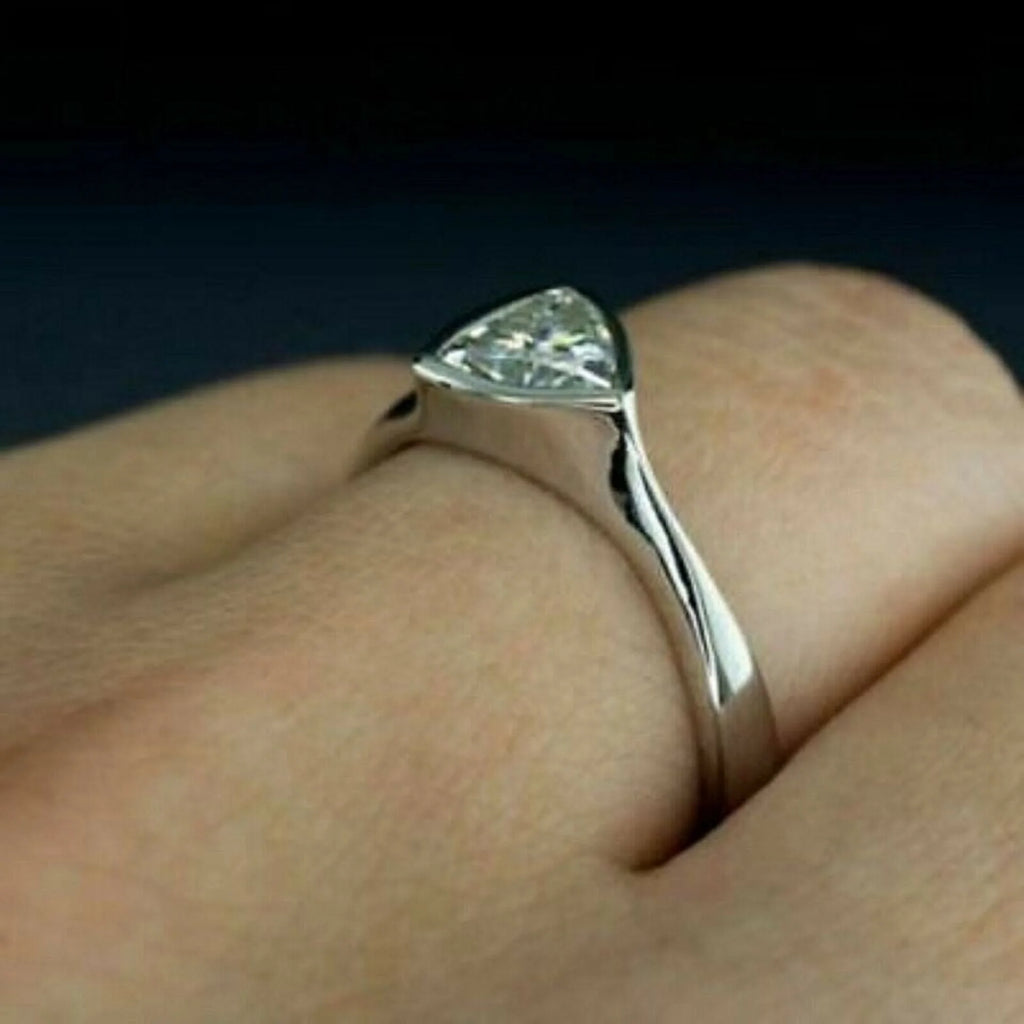 Trillion Cut Moissanite Bezel Set Engagement Ring 14k White Gold Plated R3832