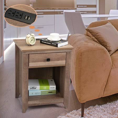 Farmhouse Nightstand with USB Charging Station, Wooden End Table, 1-Drawer Storage Cabinet L94346