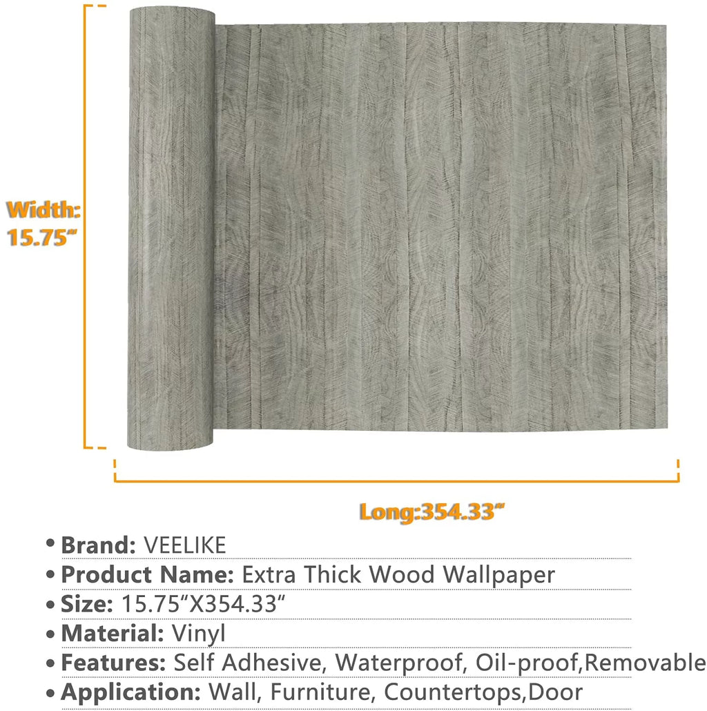 Grey Wood Peel and Stick Contact Paper 15.7''x354'' Waterproof Vinyl Roll G94782