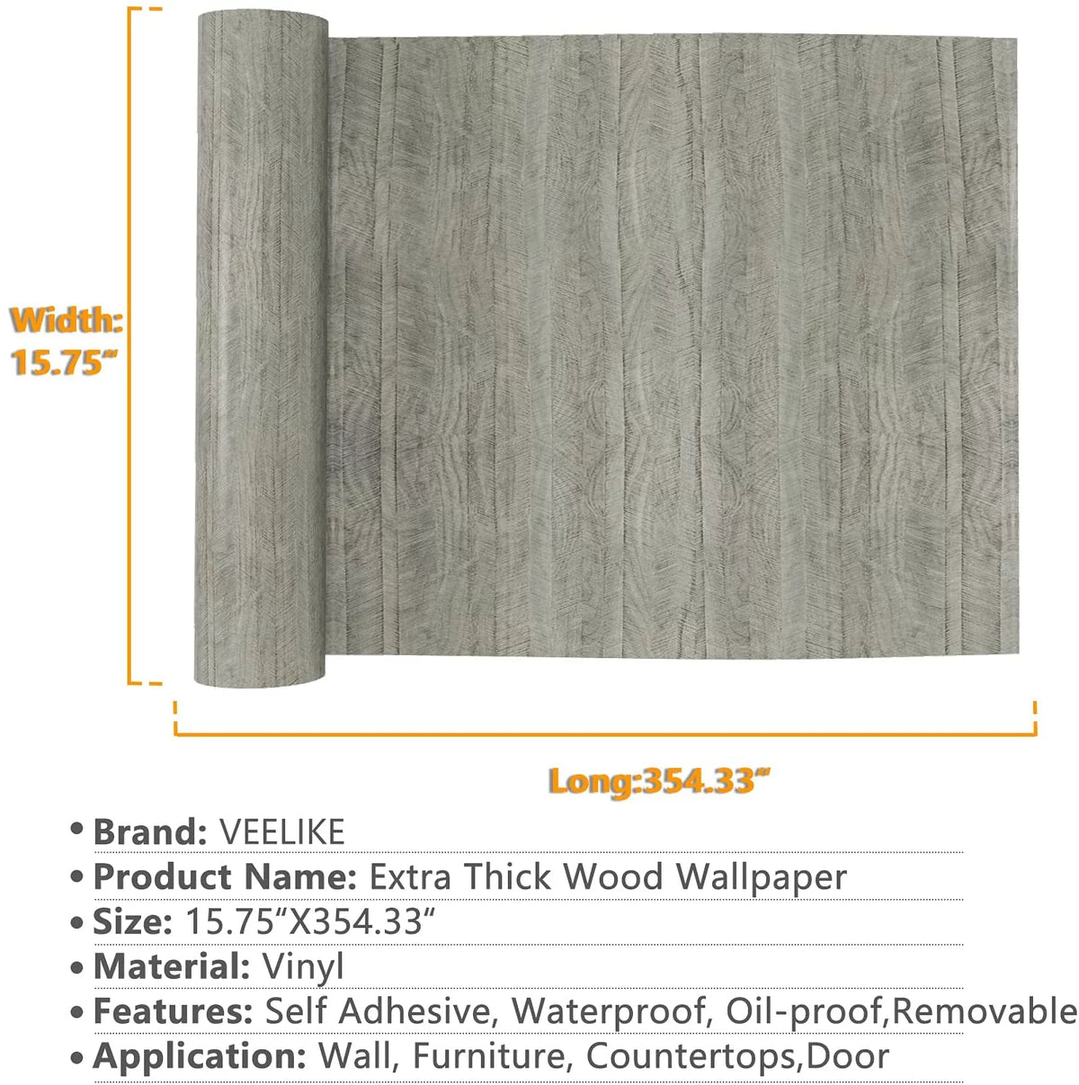 Grey Wood Peel and Stick Contact Paper 15.7''x354'' Waterproof Vinyl Roll G94782