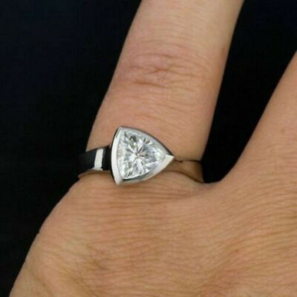 Trillion Cut Moissanite Bezel Set Engagement Ring 14k White Gold Plated R3832