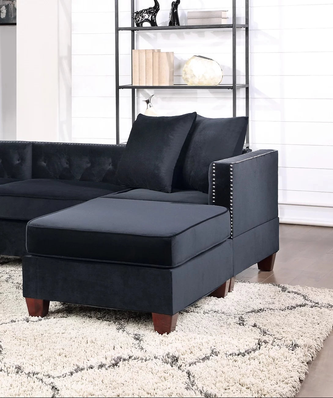 Black Velvet 4pc U-Sectional with Reversible Chaise and Ottoman Q363