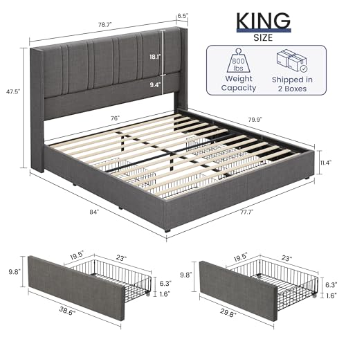 King Size Linen Upholstered Platform Bed Frame with 4 Storage Drawers W389470