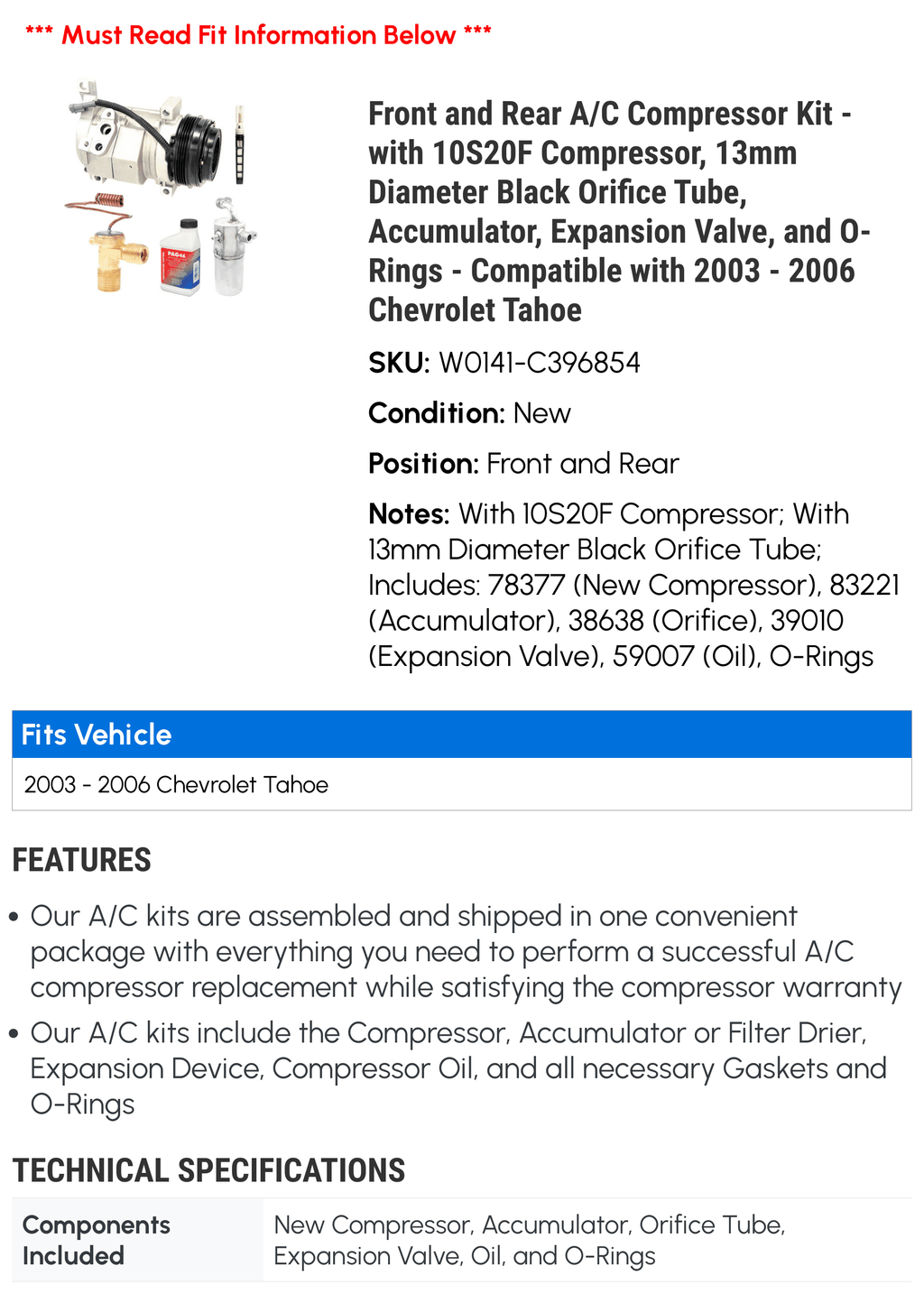 A/C Compressor Kit with 10S20F Compressor, 13mm Diameter Black Orifice Tube, Accumulator, Expansion Valve, and O-Rings E6977