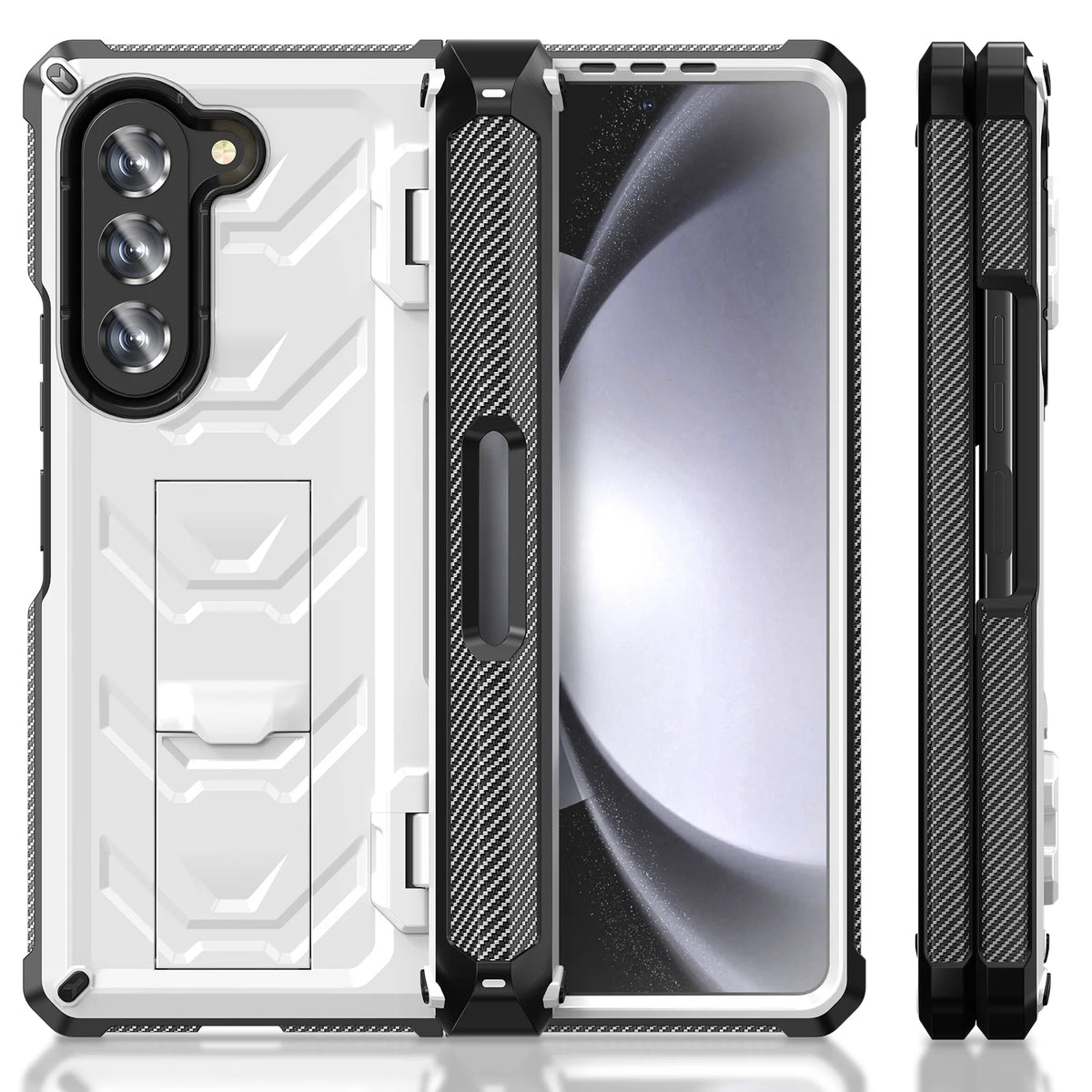 White Rugged Full Body Case with Built-in Glass Screen Protector Hinge Protection Hidden Kickstand Pen Slot Shockproof Armor Case U6242