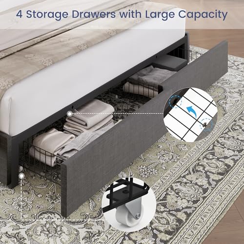King Size Linen Upholstered Platform Bed Frame with 4 Storage Drawers W389470