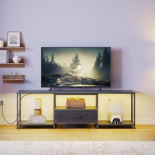 Black TV Stand with Fabric Drawer and Open Shelves D5907
