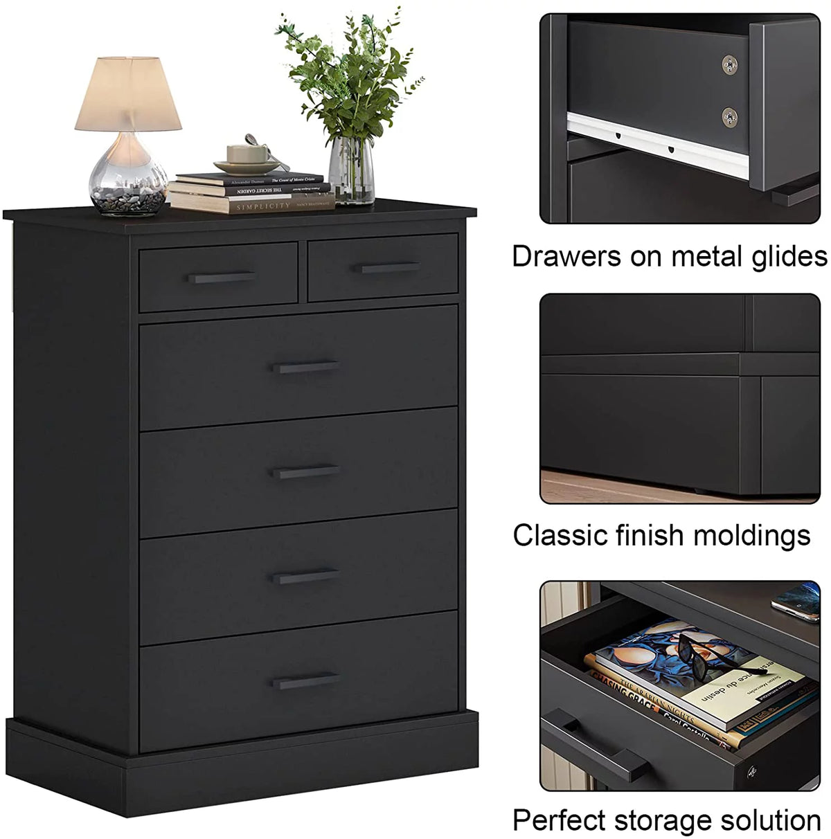 Black 6 Drawer Wood Dresser Q69714