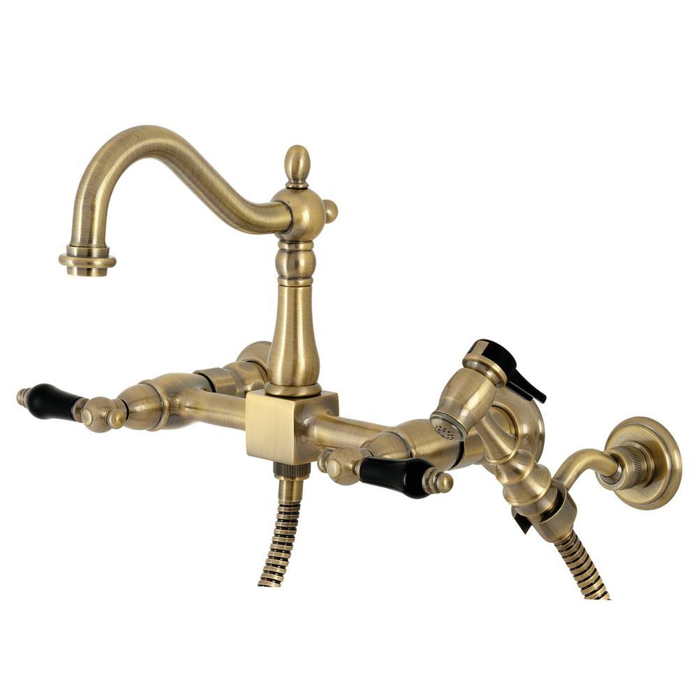 Antique Brass Wall-Mount Kitchen Faucet with Side Sprayer V12547