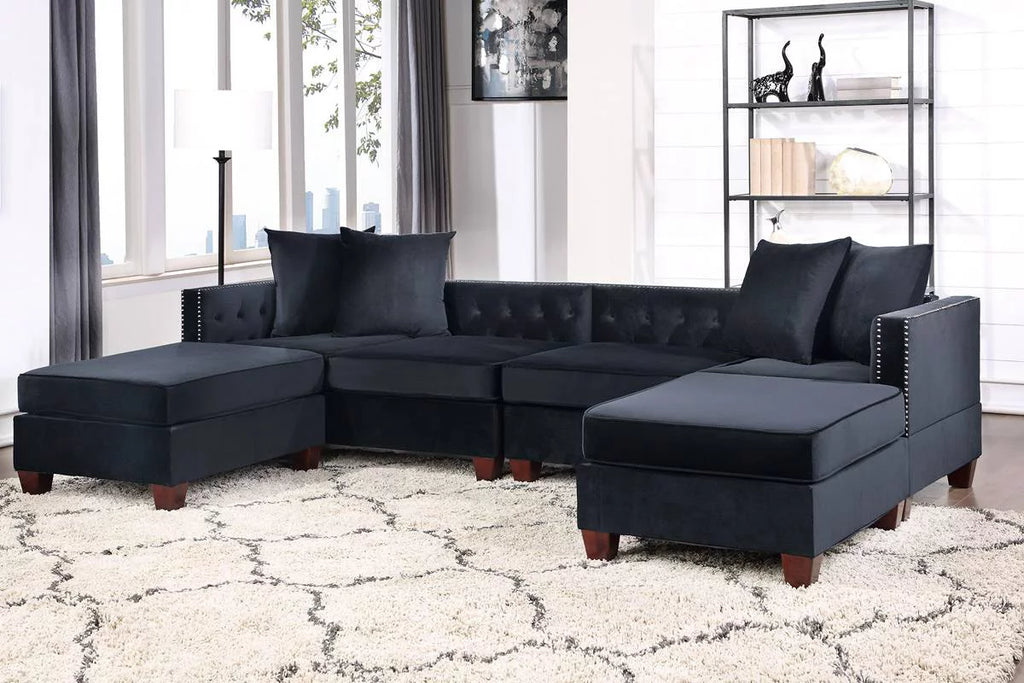 Black Velvet 4pc U-Sectional with Reversible Chaise and Ottoman Q363
