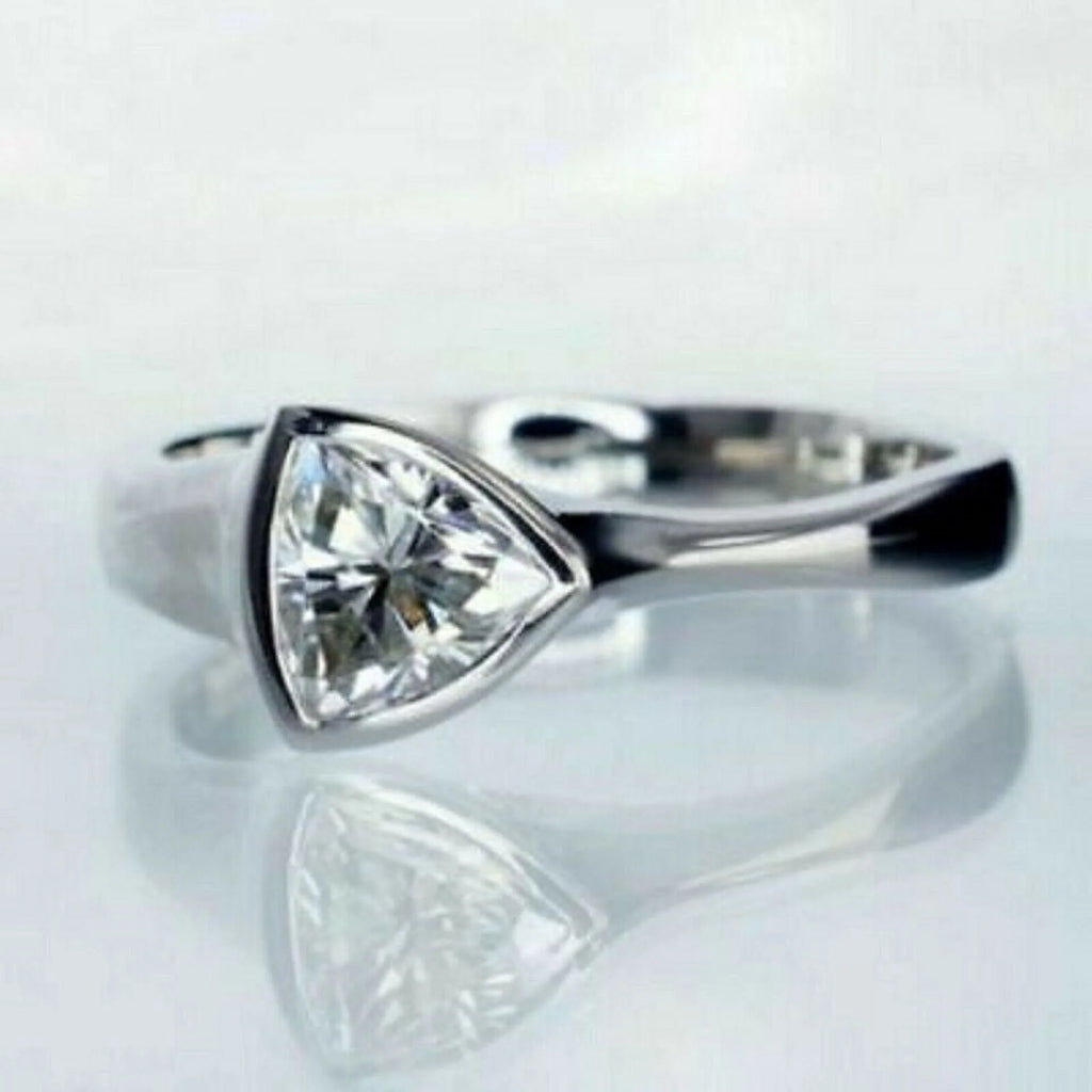 Trillion Cut Moissanite Bezel Set Engagement Ring 14k White Gold Plated R3832