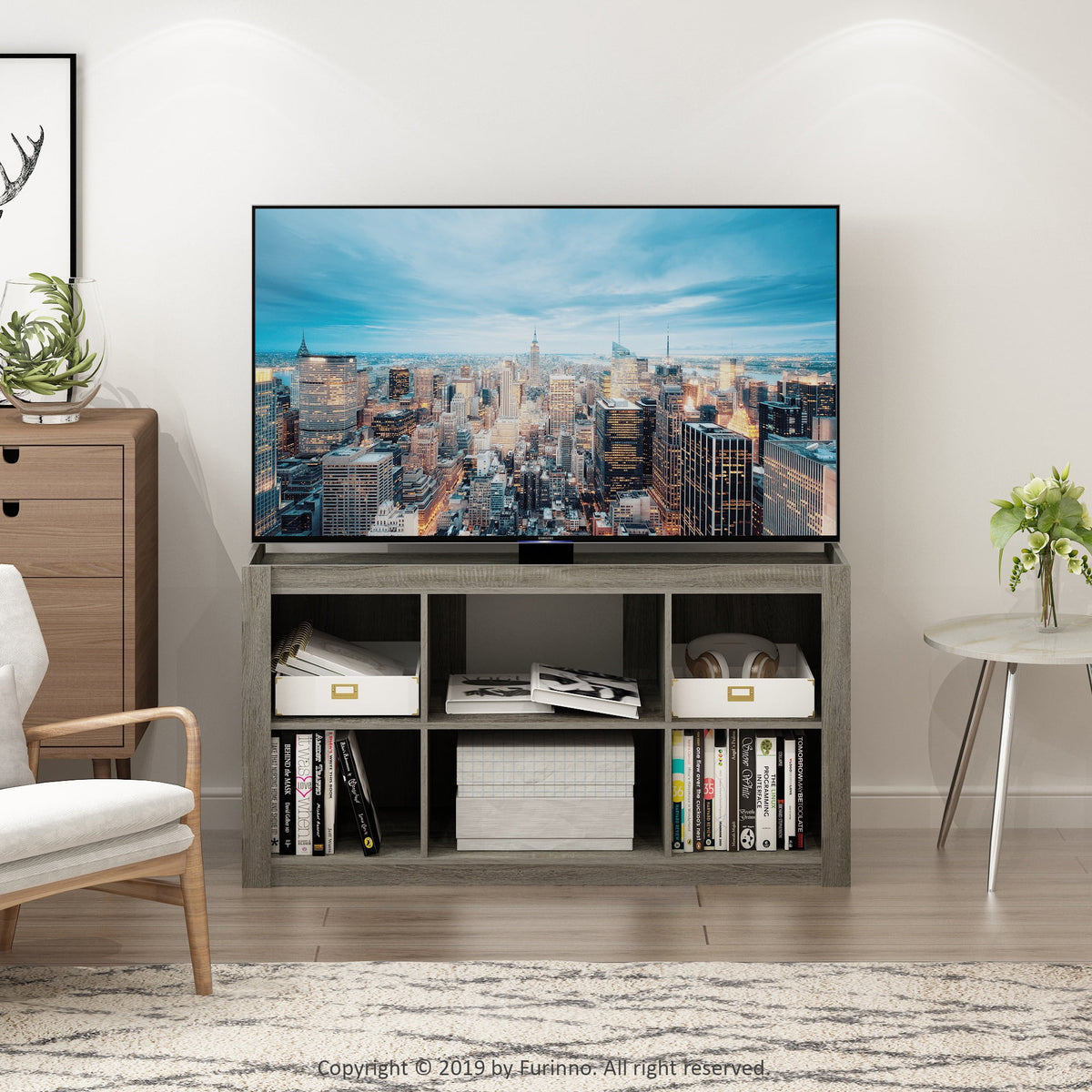 French Oak Grey TV Stand Bookshelves S7889