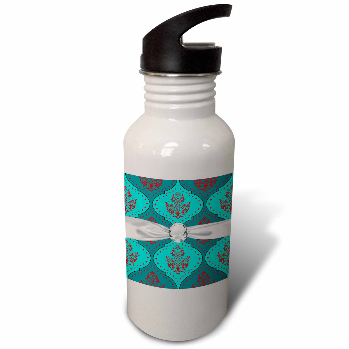 Teal Aqua Red White Damask Pattern Sports Water Bottle C705704