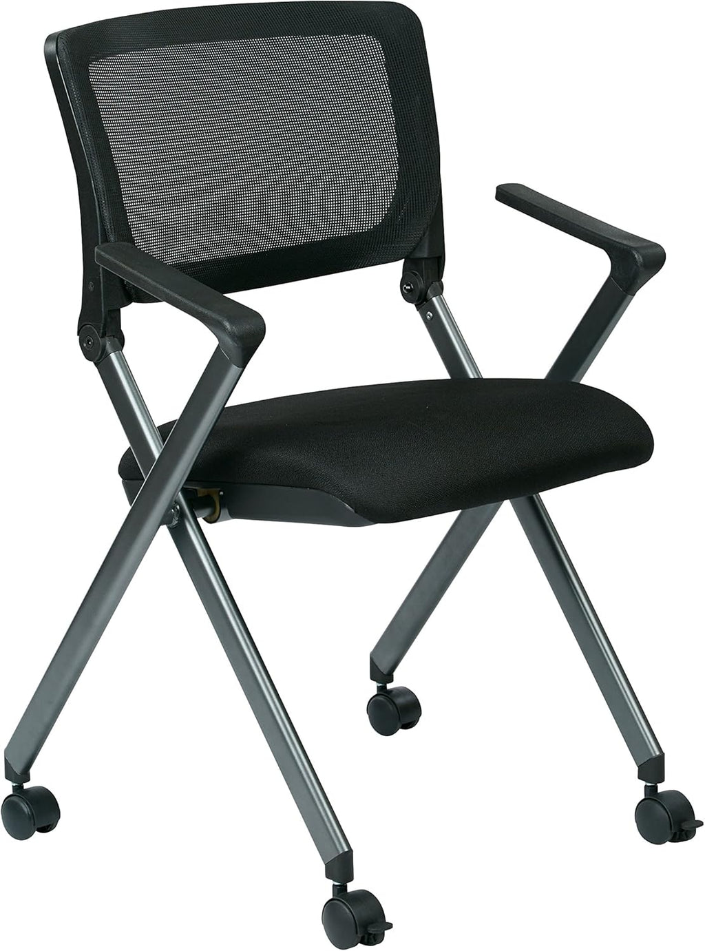 Black Mesh Back Folding Nesting Chair with Padded Fabric Seat and Casters, 2-Pack D459866