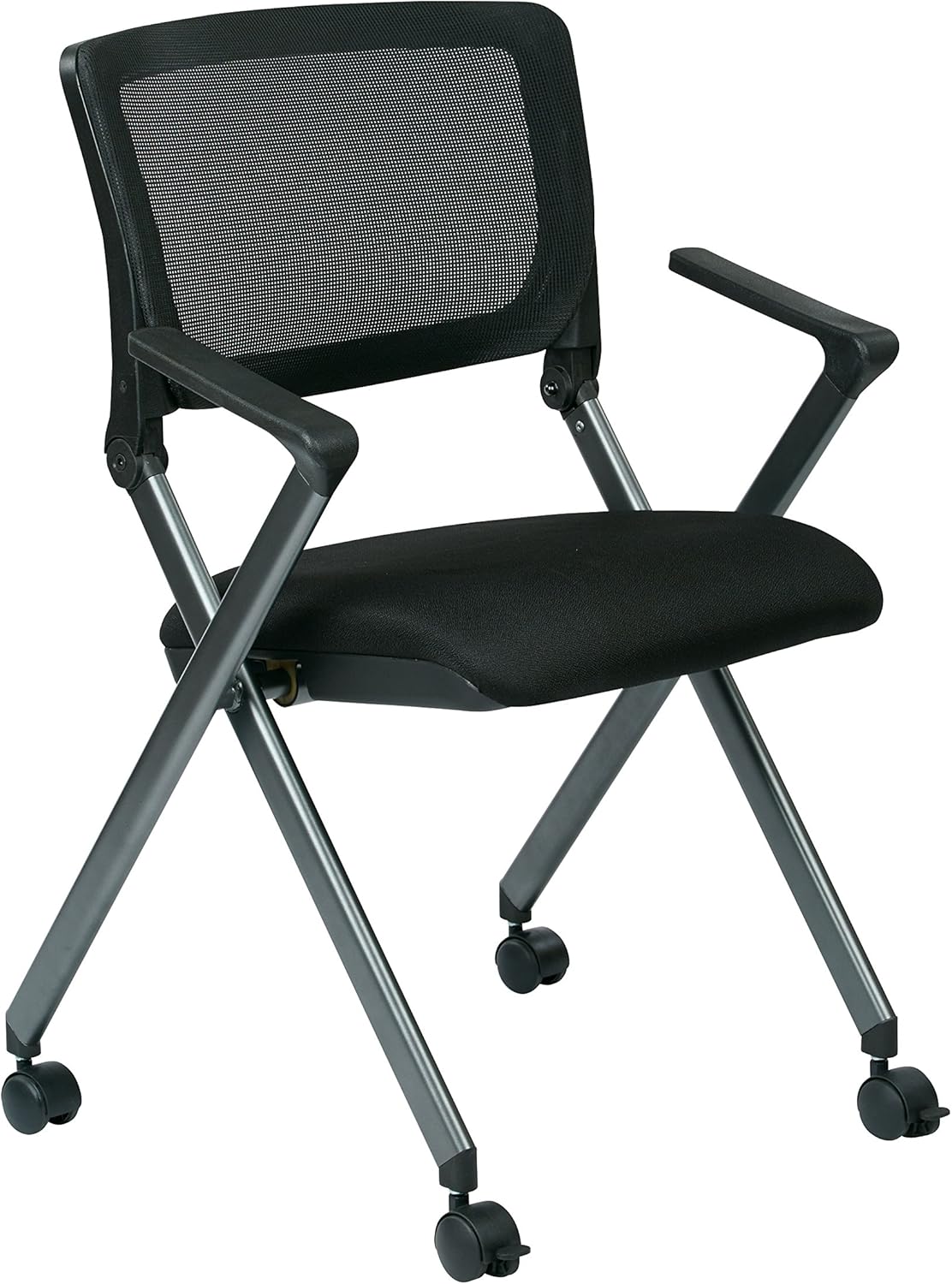 Black Mesh Back Folding Nesting Chair with Padded Fabric Seat and Casters, 2-Pack D459866