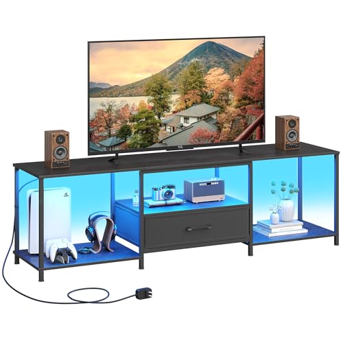 Black TV Stand with Fabric Drawer and Open Shelves D5907