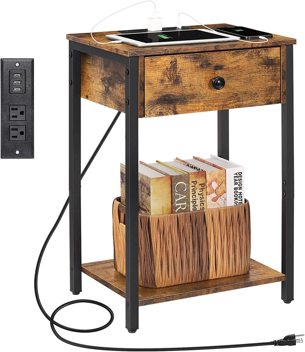 Rustic Brown Nightstand End Table with Charging Station G5725