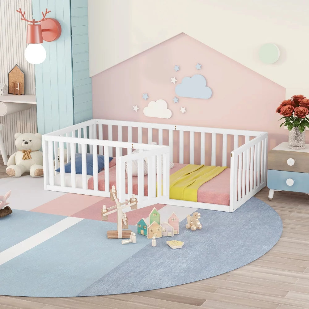 Queen Size Solid Wood Floor Bed Frame with Fence Rail and Door T50543