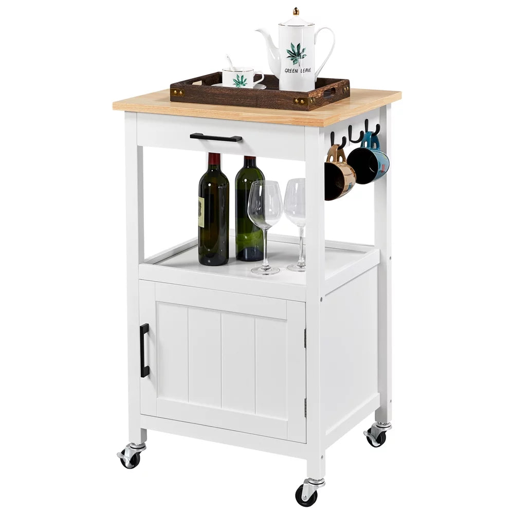 White Rolling Kitchen Island Cart with Wood Top W5978