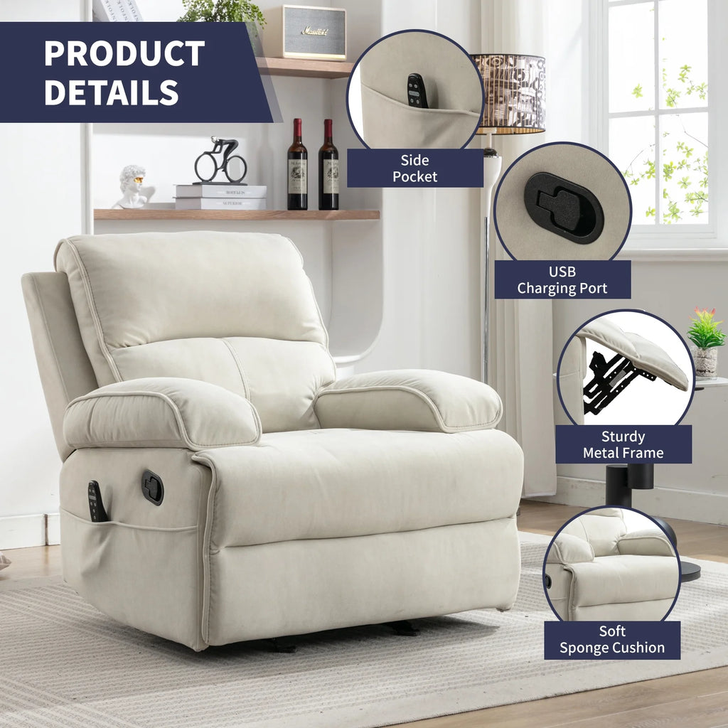 Beige Velour Recliner Chair with Heat Vibration P987