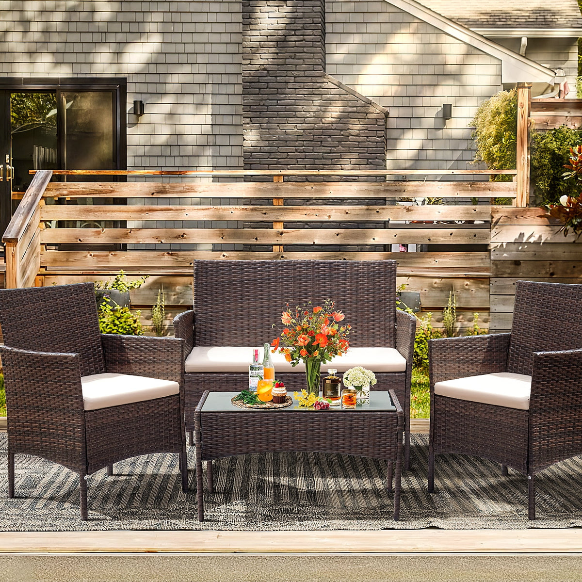 Brown PE Rattan Wicker 4 Pieces Patio Furniture Set with Cushion V5482