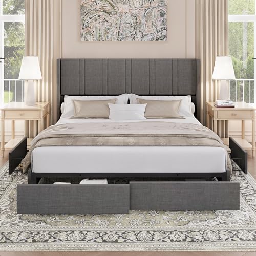 King Size Linen Upholstered Platform Bed Frame with 4 Storage Drawers W389470