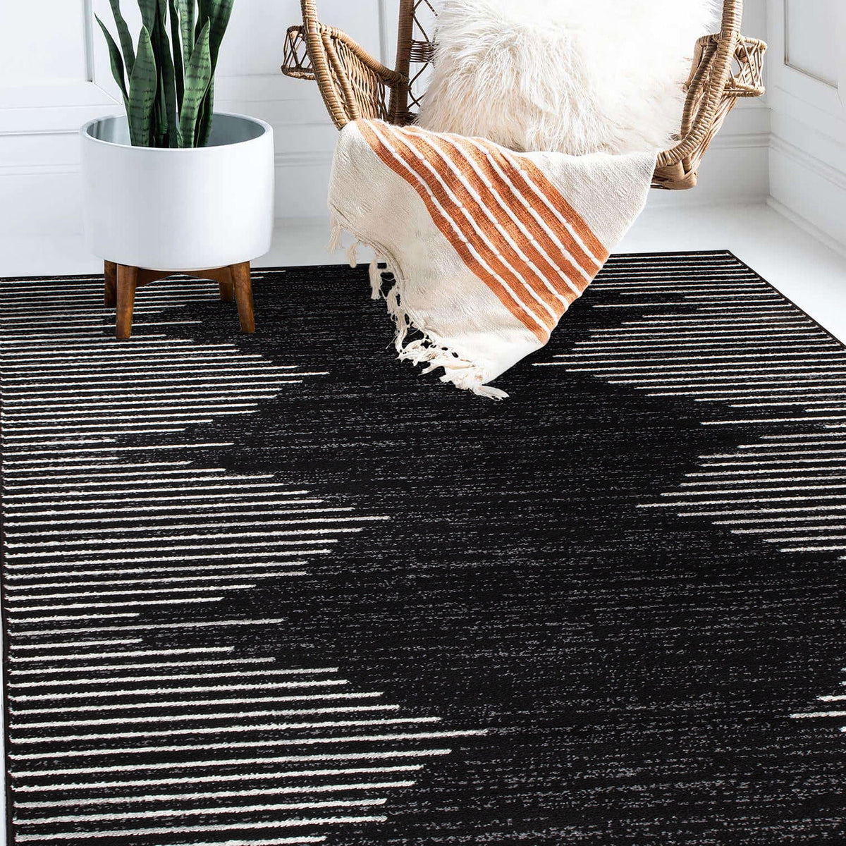 Black Bohemian Stripe Area Rug Z492217